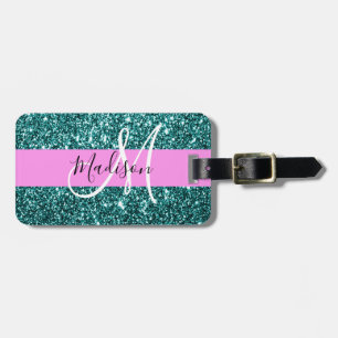 Glam Rosa Teal Grönt Glitter Gnistra Namn Monogram Bagagebricka