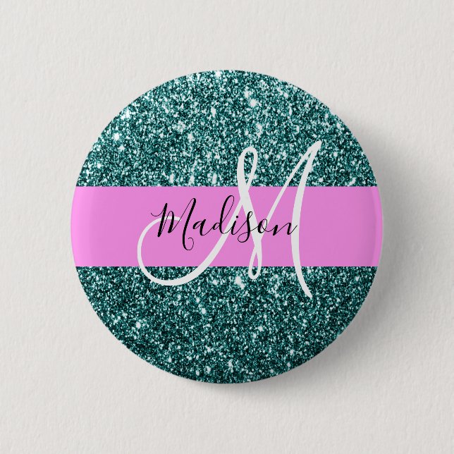 Glam Rosa Teal Grönt Glitter Gnistra Namn Monogram Knapp (Framsida)