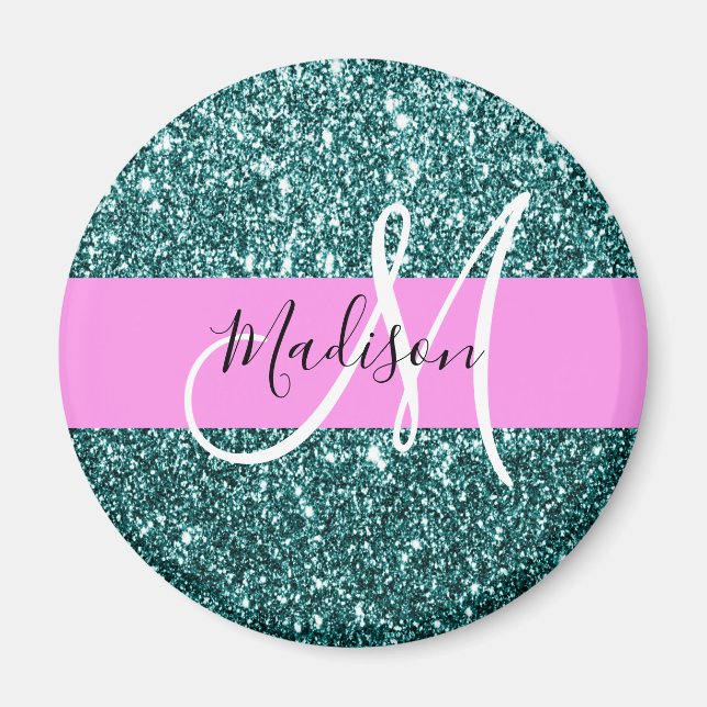 Glam Rosa Teal Grönt Glitter Gnistra Namn Monogram Magnet (Framsidan)