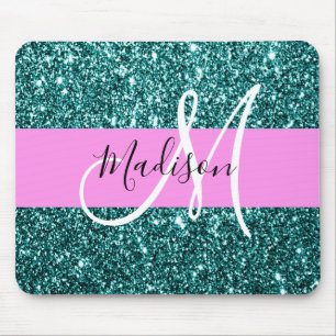 Glam Rosa Teal Grönt Glitter Gnistra Namn Monogram Musmatta