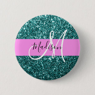 Glam Rosa Teal Grönt Gnistra Namn Monogram Knapp
