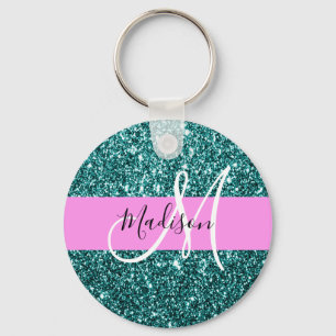 Glam Rosa Teal Grönt Gnistra Namn Monogram Nyckelring