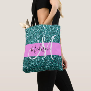Glam Rosa Teal Grönt Gnistra Namn Monogram Tygkasse