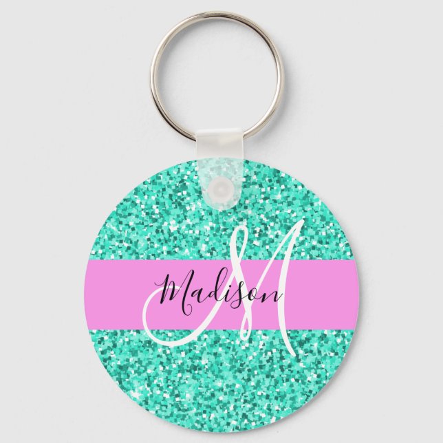 Glam Rosa Turcos Glitter Sparkles Monogram Namn Nyckelring (Framsida)
