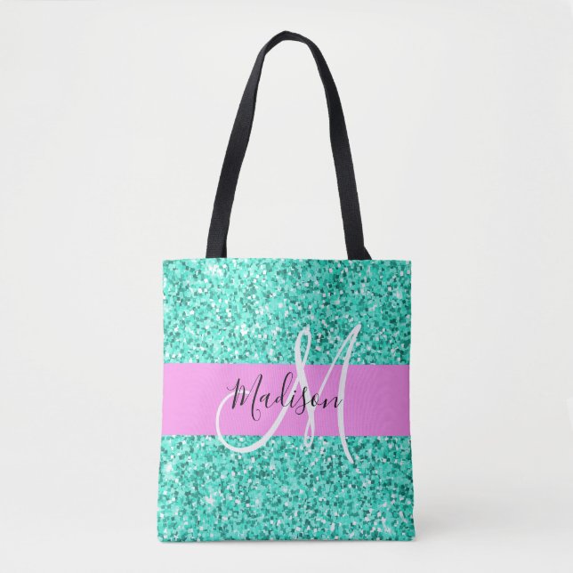 Glam Rosa Turcos Glitter Sparkles Monogram Namn Tygkasse (Framsida)
