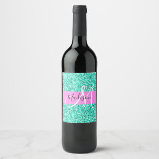 Glam Rosa Turcos Glitter Sparkles Monogram Namn Vinflaska Etikett