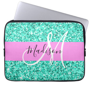 Glam rosa turkos glitter glitter monogram namn laptop fodral