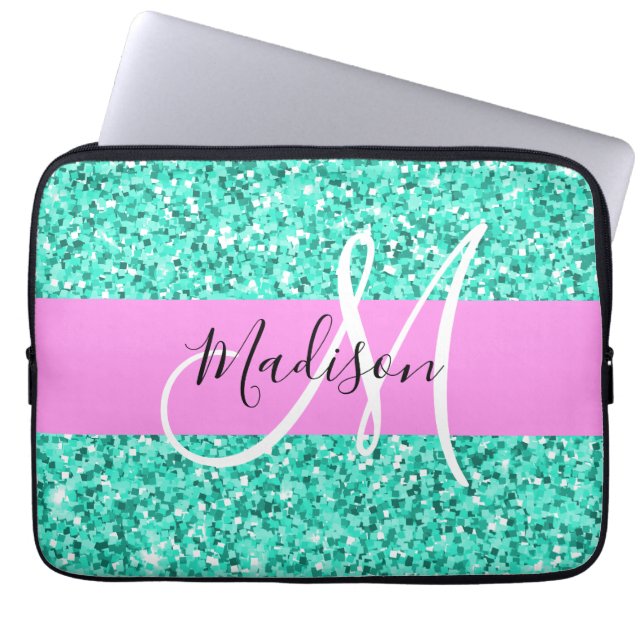 Glam rosa turkos glitter glitter monogram namn laptop fodral (Framsidan)