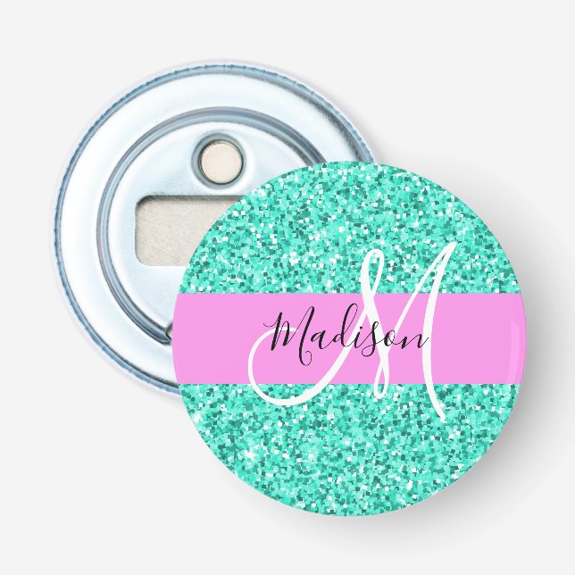 Glam rosa turkos glitter gnistringar monogram namn flasköppnare (Framsidan)