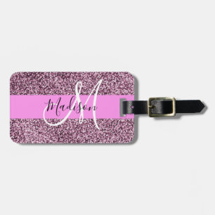 Glam Rosa & Violet Glitter Sparkles Monogram Namn Bagagebricka