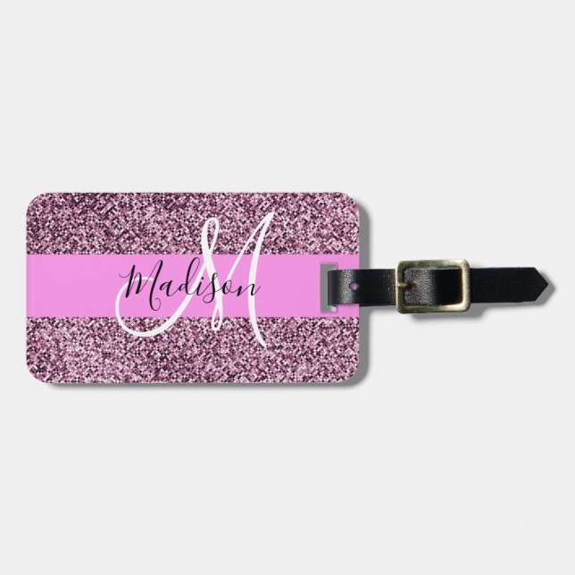 Glam Rosa & Violet Glitter Sparkles Monogram Namn Bagagebricka (Horisontell Framsida)