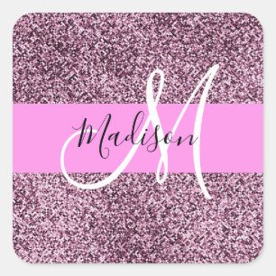 Glam Rosa & Violet Glitter Sparkles Monogram Namn Fyrkantigt Klistermärke