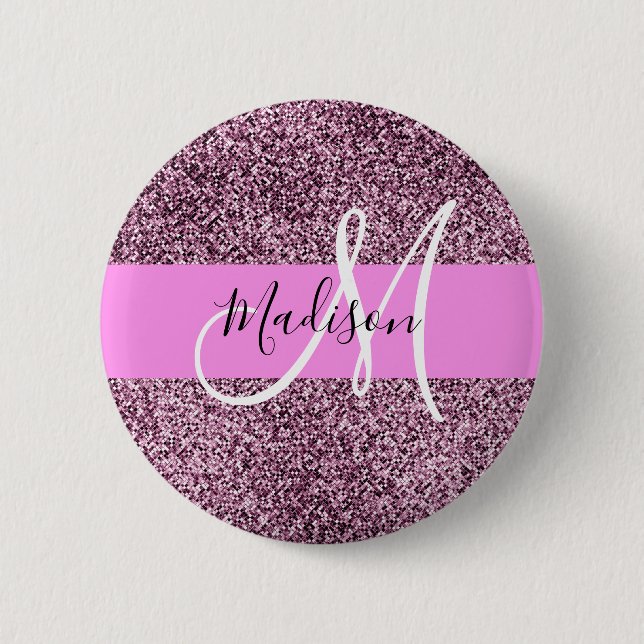 Glam Rosa & Violet Glitter Sparkles Monogram Namn Knapp (Framsida)