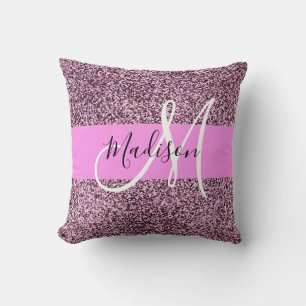 Glam Rosa & Violet Glitter Sparkles Monogram Namn Kudde