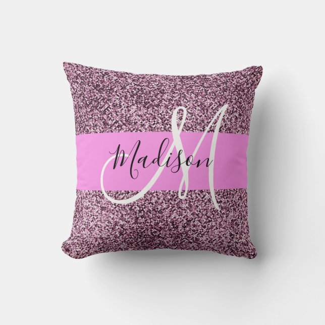 Glam Rosa & Violet Glitter Sparkles Monogram Namn Kudde (Framsida)