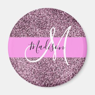 Glam Rosa & Violet Glitter Sparkles Monogram Namn Magnet