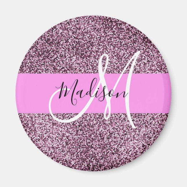 Glam Rosa & Violet Glitter Sparkles Monogram Namn Magnet (Framsidan)
