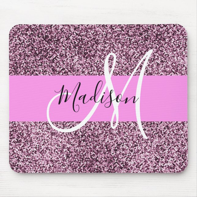 Glam Rosa & Violet Glitter Sparkles Monogram Namn Musmatta (Framsidan)
