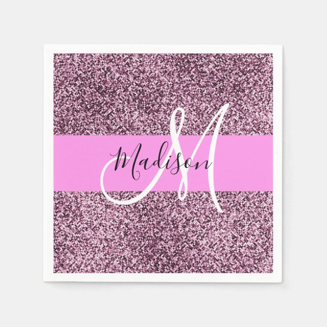 Glam Rosa & Violet Glitter Sparkles Monogram Namn Pappersservett (Framsidan)