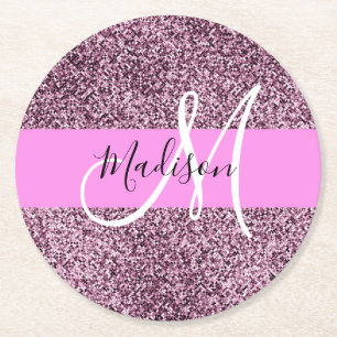 Glam Rosa & Violet Glitter Sparkles Monogram Namn Underlägg Papper Rund