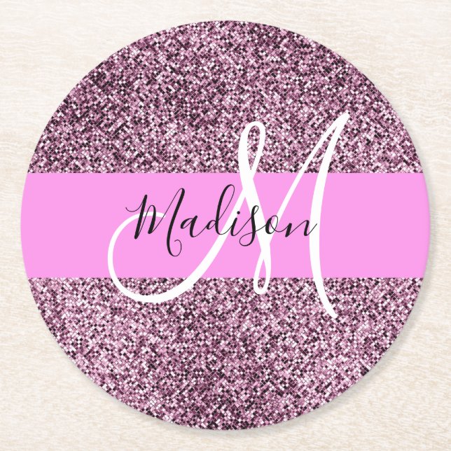 Glam Rosa & Violet Glitter Sparkles Monogram Namn Underlägg Papper Rund (Framsidan)