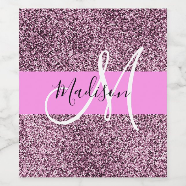 Glam Rosa & Violet Glitter Sparkles Monogram Namn Vinflaska Etikett (Singel etikett)