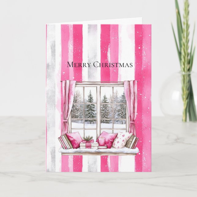 Glam rosa vit julgran fönsterremsor kort (Framsida)