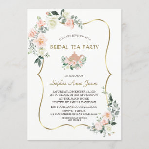 Glam Rosa White Blommigt Guld Ram Möhippa Tea Part Inbjudningar
