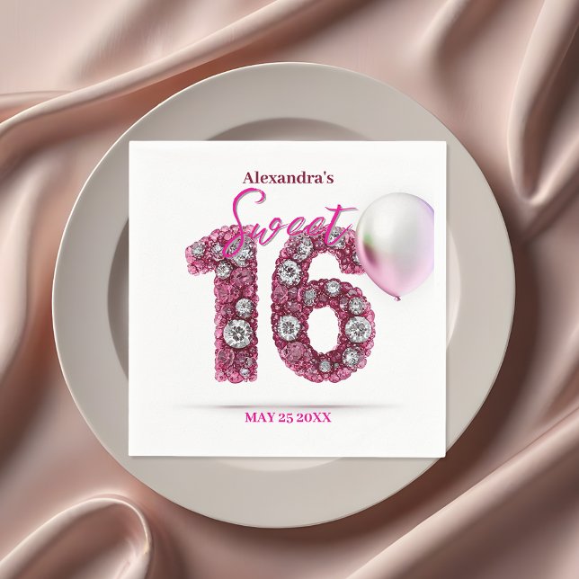 Glam Rosa & White Gemstone Sweet 16 Pappersservett (Skapare uppladdad)