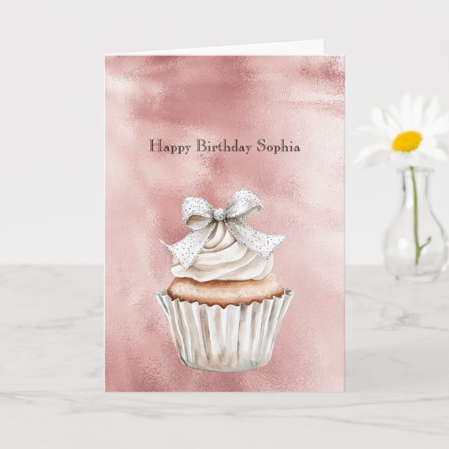 Glam Rose Blush Glitzy Silver Bow Cupcake Birthday Kort (Liten växt)