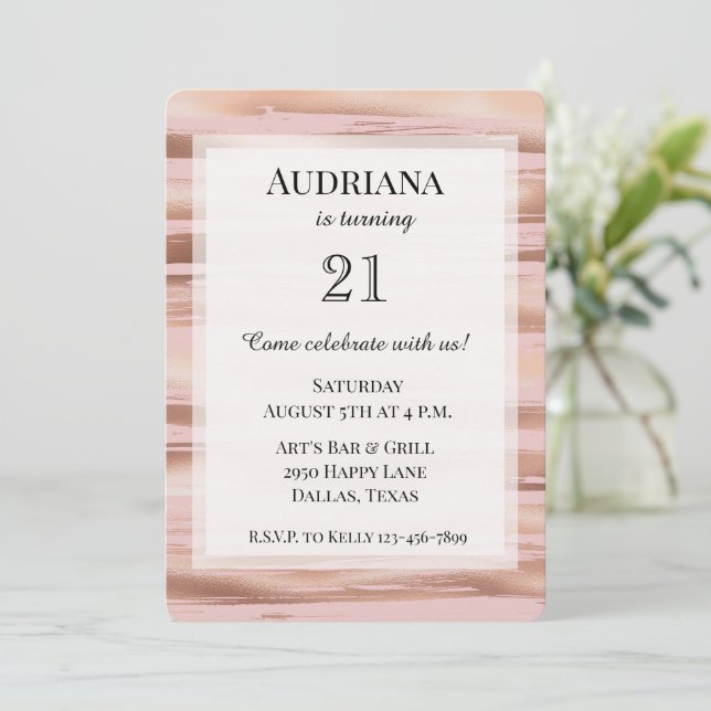 Glam Rose Gold Blush Stripes Birthday Inbjudningar (Stående Fram)