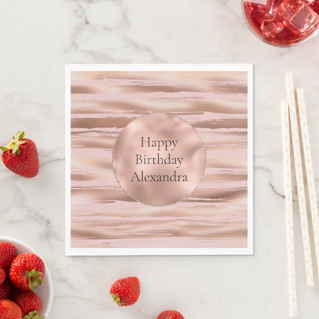 Glam Rose Gold Blush Stripes Birthday Pappersservett (Insitu)