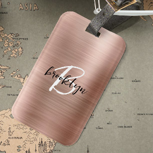 Glam Rose Gold Borstad Metall Svart Vit Monogram  Bagagebricka