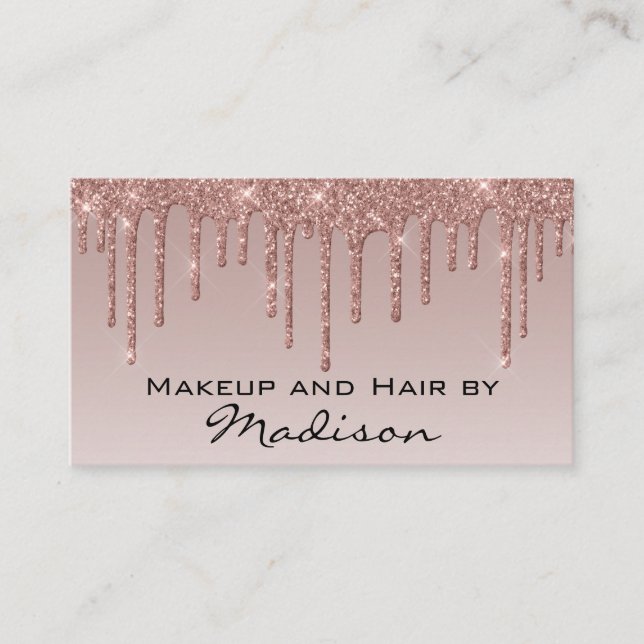 Glam Rose Gold Fals Glitterdroppar Sminkartist Visitkort (Framsida)