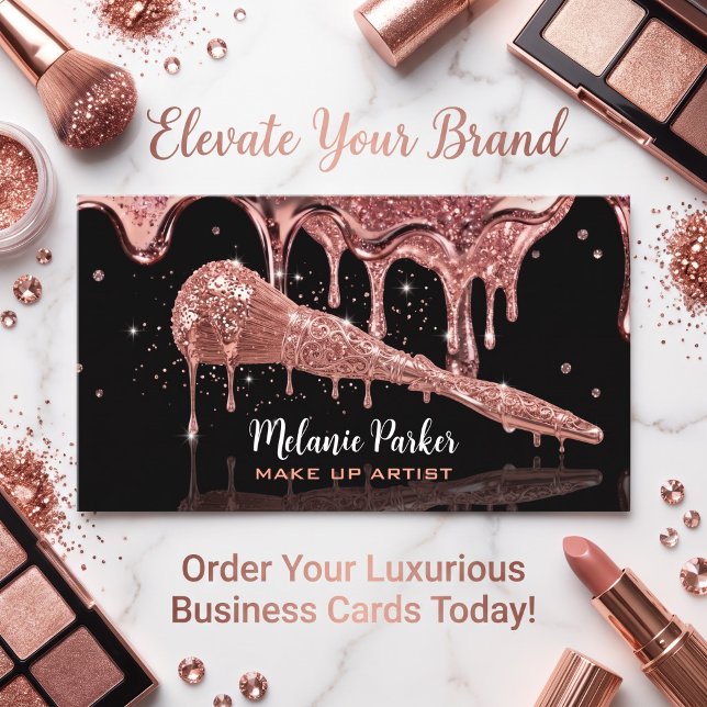Glam Rose Gold Glitter Drip Makeup Borste  Visitkort (Skapare uppladdad)