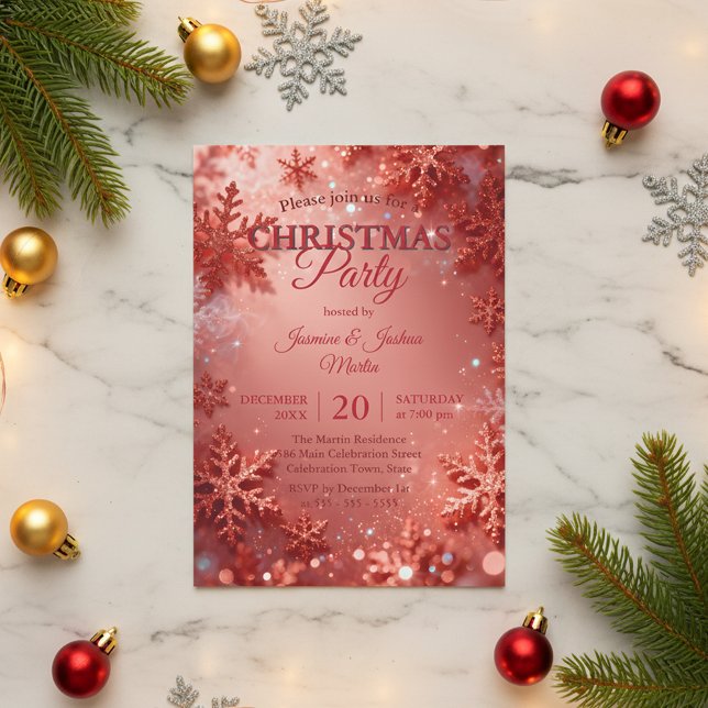 Glam Rose Gold Glitter Snöflinga Julfest Inbjudningar (Skapare uppladdad)