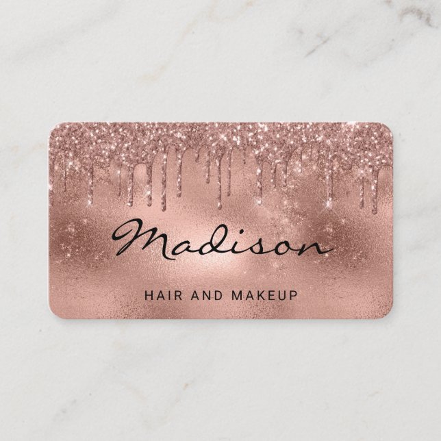 Glam Rose Gold Metallisk Glitter Drip Hår & Smink Visitkort (Framsida)