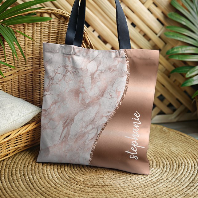 Glam Rose Gold Vit Marmor Metallisk Namn Tygkasse (Skapare uppladdad)