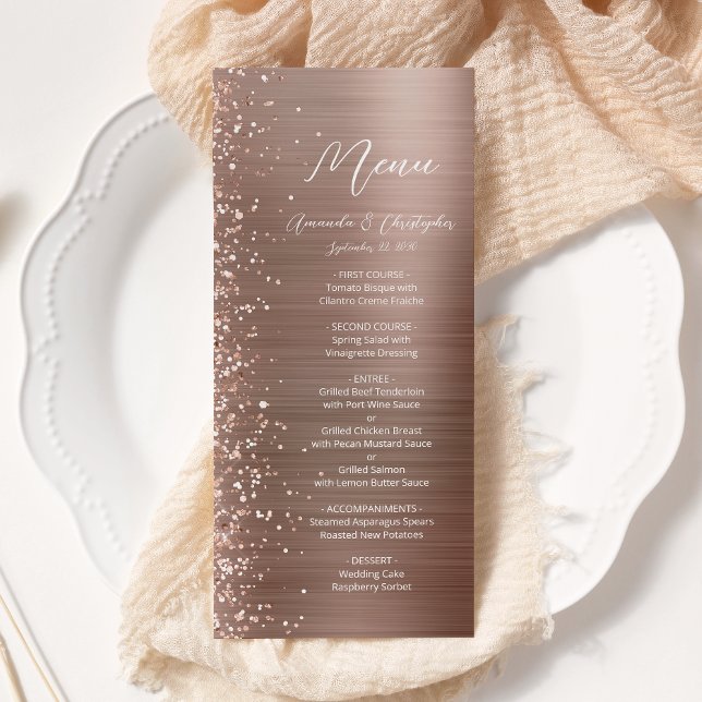 Glam Rose Guld Glitter Borstad Metall Bröllop Meny (Skapare uppladdad)