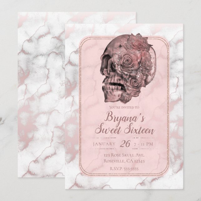 Glam Rose Guld Rosa Dödskalle Marmor Sweet 16 Inbjudningar (Fram/baksida)