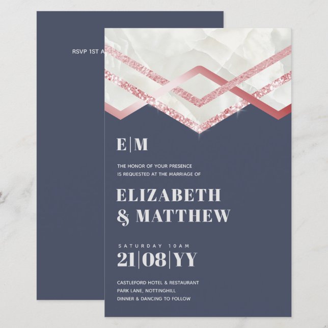 Glam Rosegold DECO bröllopsinbjudan Modern Chic (Fram/baksida)