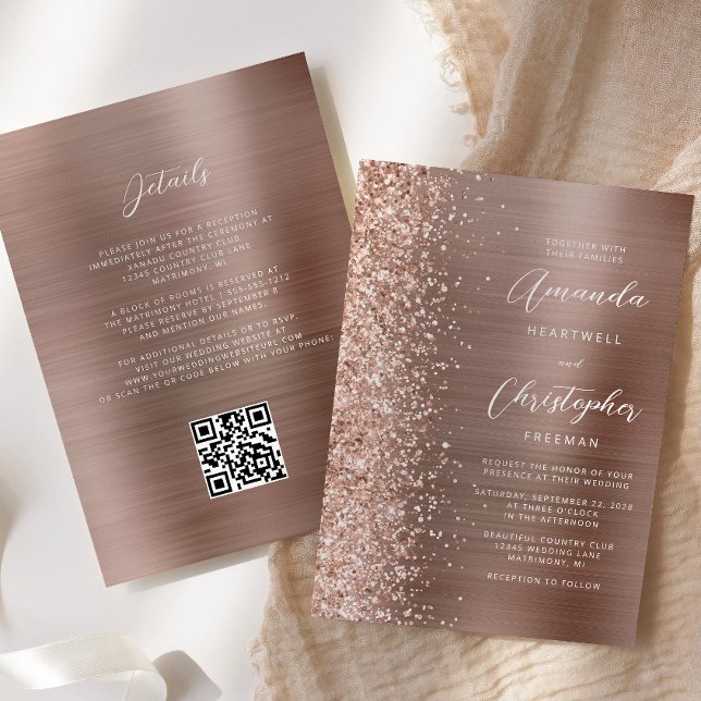 Glam Roséguld Borstat Metall QR-kod Bröllop Inbjudningar (Skapare uppladdad)