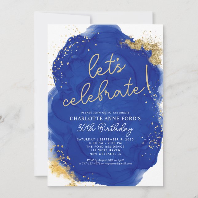 Glam Royal Blue Guld Glitter Alcohol Bläck Birthda Inbjudningar (Framsida)