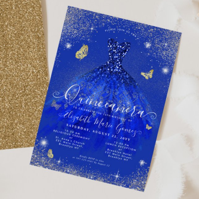 Glam Royal Blue Guld Glitter Gown Quinceanera Inbjudningar (Skapare uppladdad)