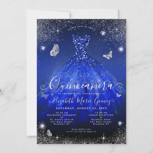 Glam Royal Blue Silver Glitter Gown Quinceanera Inbjudningar (Framsida)