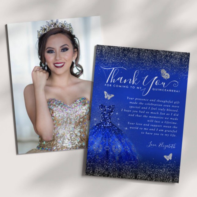 Glam Royal Blue Silver Glitter Quinceanera Photo Tack Kort (Skapare uppladdad)
