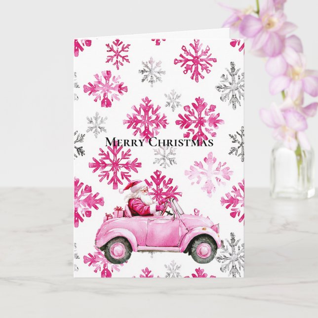 Glam Santa Pink Car Christmas Snowflakes Kort (Orkide)