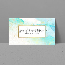 Glam Script Aqua Blue Watercolor Faux Guld Dust Visitkort