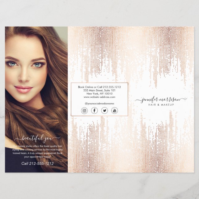 Glam Script Rosa Guld Konfetti Regn Tri-Fold Reklamblad (Framsidan)