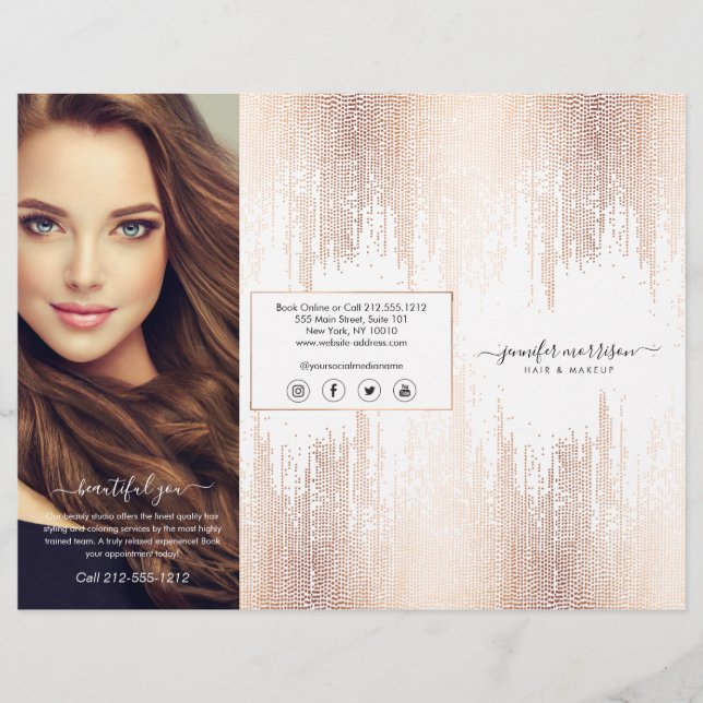 Glam Script Rosa Guld Konfettiregn Tri-Fold Reklamblad (Framsidan)